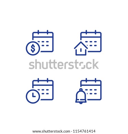 Finance calendar, time period, monthly payment, mortgage loan concept, real estate, bell reminder, vector line icon