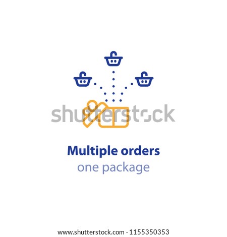 Multiple shop orders combined in one single parcel, box shipping, shipment services, vector line icon