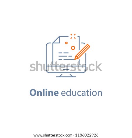 Online education, distance learning, copywriting concept, submit content, creative writing, exam preparation, storytelling, vector line icon, thin stroke