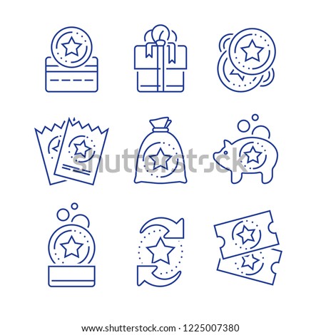 Loyalty incentives, bonus card, earn reward, redeem gift, shopping perks, discount coupon, collect coins, win present, lottery ticket, vector mono line icon set, linear illustration, outline design