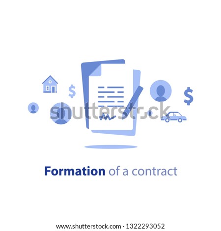Contract creation service, document formation, application form composition, obligation concept, last will paper, prenup terms conditions, divorce property separation, settlement agreement vector icon