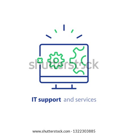 Computer repair services, IT support concept, software development, system administration, desktop upgrade and update, program installation, vector line icon