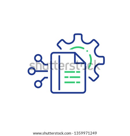 Manual document, big data processing technology, storage and analysis, cogwheel and paper file, capturing digital information, software solution, vector line icon, linear illustration