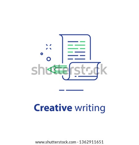 Creative writing, storytelling concept, pencil and paper, copywriting, vector line icon