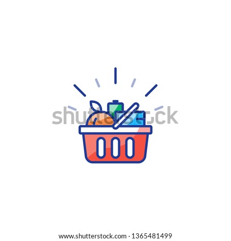Grocery shop basket full of food, shopping special offer promotion, best deal, good quality products, vector line icon design