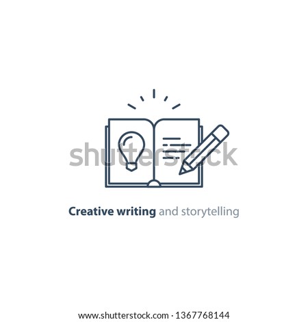 Creative writing concept, storytelling, content management, assay composition, education book, vector mono line icons Stockfoto © 