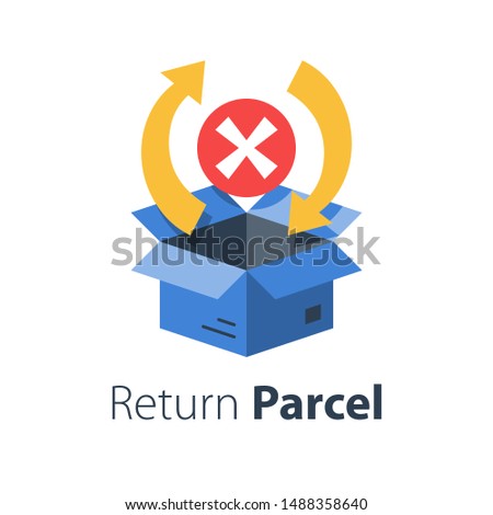 Delivery error, receive messed up shopping order, send back purchase, return mail box, fast exchange, damaged parcel replacement, vector flat illustration