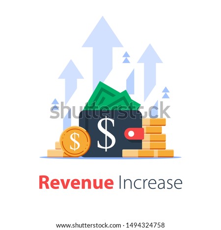 Wallet full of money, revenue increase, high interest rate, income growth, budget profit, financial fund growth, raise capital, investment portfolio, vector flat illustration