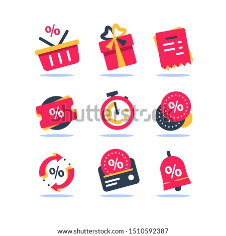 Loyalty card, incentive program vector icon set, earn bonus points for purchase, discount coupon, limited time period, cash back, redeem gift, grocery basket and stopwatch, cheap offer, save money