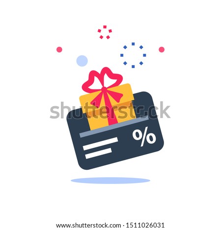 Gift card, loyalty program, earn points, redeem present box, more discount, perks concept, vector flat icon