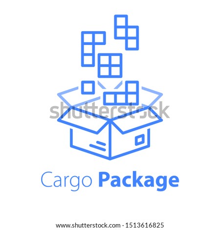 Logistics services, linear design, assemble parcel, multiple shop order, pack large set of items in box, store purchase shipment, vector line icon