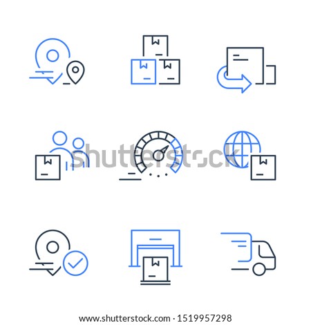 Fast delivery service, truck transportation, distribution center, receive order box, send parcel, purchase shipment, move or relocate, vector thin line icon set