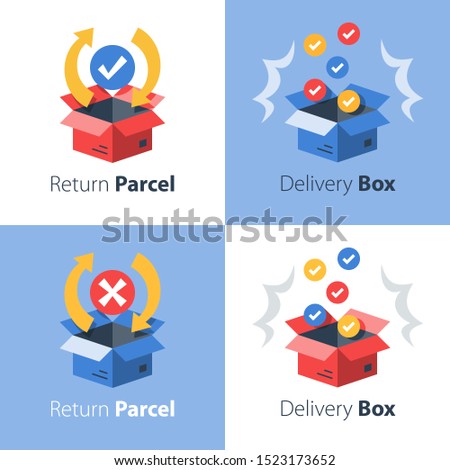 Delivery services, postal mail, receive or send parcel, cargo transportation, logistics solution, shipping and distribution concept, vector flat icon set