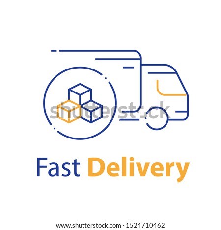 Truck delivery, transportation company, distribution service, logistics solution, load shipping, order shipment, send parcel, express relocation, vector line icon