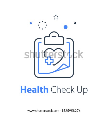 Health check up, heart system exam, hypertension symptoms, cardiovascular disease test, medical program, annual examination plan, vector thin line icon