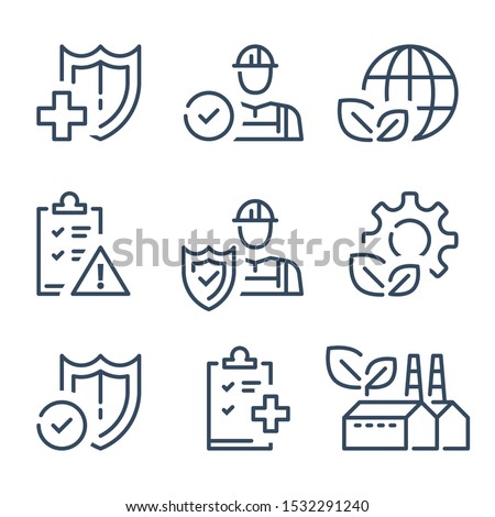 HSE concept, occupational safety and health administration, production factory and environment, medical insurance, labor preventive instructions, worker protection, vector line icon