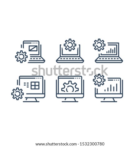 Open laptop and cogwheel, computer monitor, software development, repair and installment, data processing, network server, vector line icon set