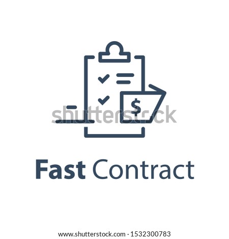 Fast document registration, contract creation, financial compensation claim, legal services, mortgage loan approval, terms and conditions draft, vector line icon