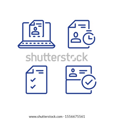 Submit document online, distant service, send resume by internet, vector line icon