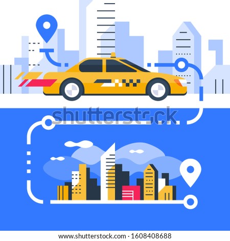 Order taxi, fast service, auto transportation, rental car, city transfer, carsharing concept, map pointer and downtown, modern cityscape, vector flat illustration