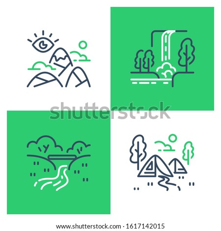 Outdoor landmarks, nature sites, recreational park, summer trail walking, hiking or trekking, ecological path, mountains viewpoint, visit waterfall, camping tents, vector line icon set