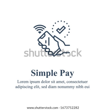 Hand holding smartphone, mobile electronic payment, wireless technology, wi-fi connection, vector line icon