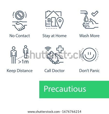 Virus outbreak precautions, preventive measures, safety instructions, pandemic quarantine, warning advice, flu spread, avoid social contact, stay home, wash hand, keep distance, call doctor, icon set