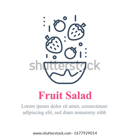 Delicious berry salad, simple recipe, eat healthy food, full bowl, falling ingredients, nutritious diet, lunch dish, vector line icon