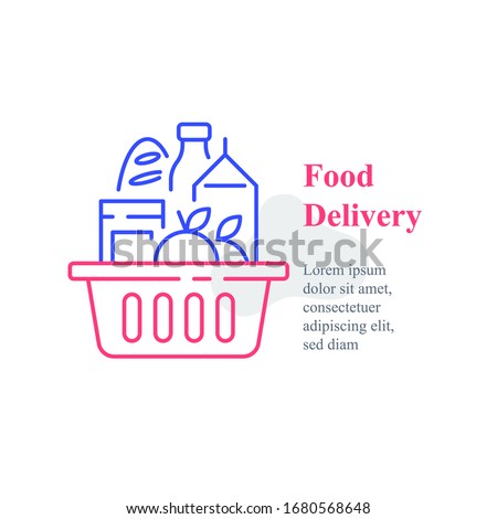 Full grocery basket, supermarket special offer, food purchase and delivery, consumption concept, vector line icon