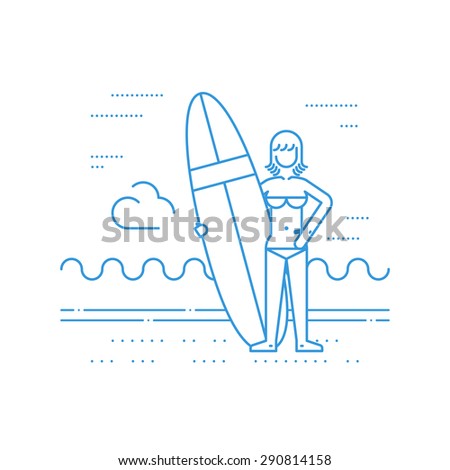 Summer vacation. Surfing camp. Surfing woman instructor.