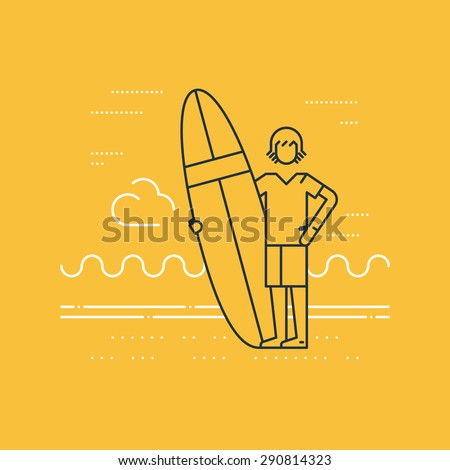 Summer vacation. Surfing camp. Surfing man instructor.