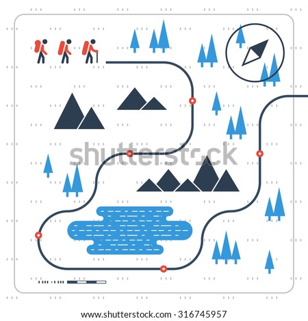 Hiking and tracking team in the mountains, sport orienteering in cross country, outdoor nordic walking. Group of people on trekking, trail map, vector illustration