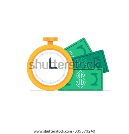 Time is money, business and finance concept. Quick payment, clock and cash, fast loan, easy credit, vector flat illustration