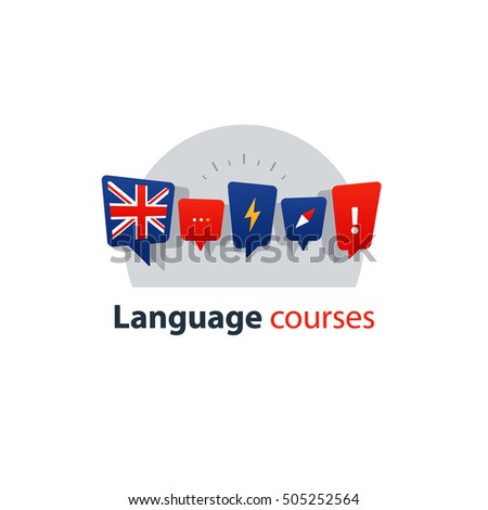 English language courses advertising concept. Fluent speaking foreign language. Advertising concept lingual classes. Flat design vector illustration