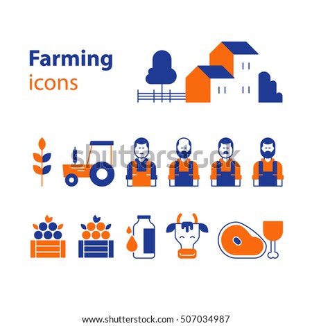 Farming products icons set, farm house, fruit vegetables, cow milk, meat. Flat design vector illustration. Farm workers and products icons