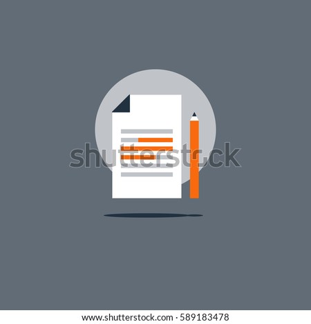 Summary concept icon, creative writing, short story telling, highlight information, essay research, school education logo, brief text review, check grammar quiz vector flat illustration