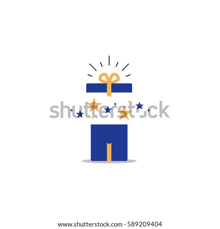 Surprising gift, opened present box, unusual experience, special celebration, birthday party, vector flat illustration