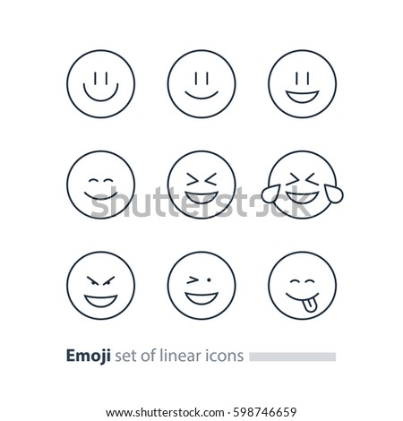 Set of linear emoji icons, black white mono line design, vector facial expressions, emoticon collection