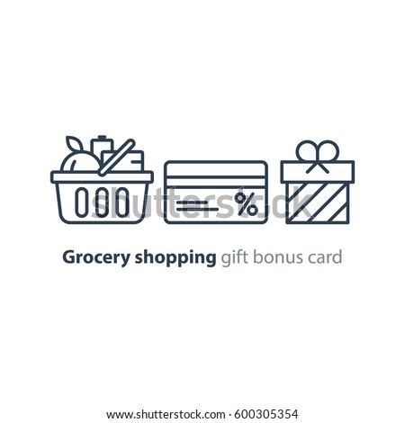 Full basket of food, grocery shopping purchase, special offer, bonus card, discount coupon, loyalty program gift, premium card vector line icon design
