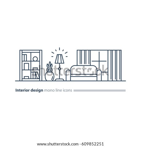 Interior design, minimalism living room, set of furniture, tidy apartment, vector mono line icon collection