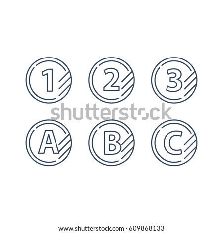 Tokens with numbers one two three and letters A B C, first second third level, upgrade concept, round classification mono line vector icons