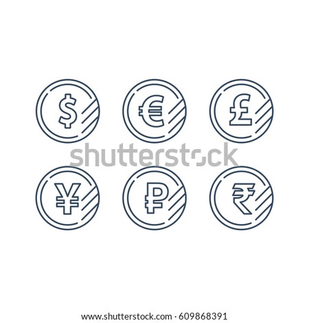 Currency signs, money exchange, US dollar, euro, British pound, Japan yen, Russian ruble coins, vector line icons