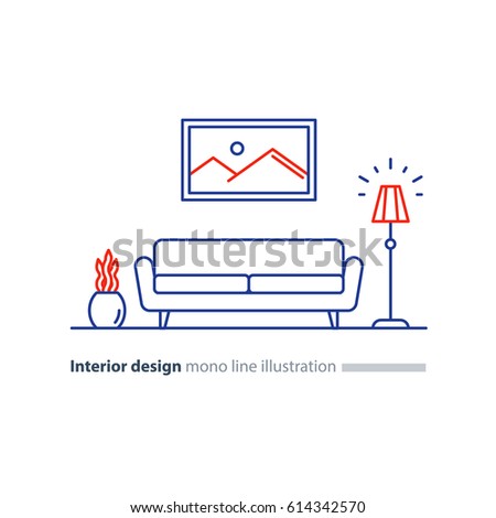 Living room interior design, home furniture, sofa and floor lamp, picture and plant pot, minimalist style, vector mono line illustration on white