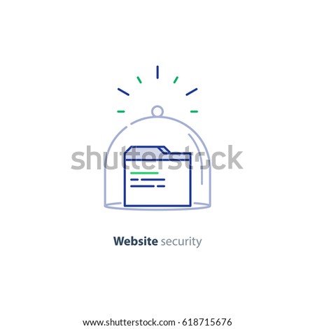 Website security services, browser window, guard system concept, protection technology, hacker attack threat prevention, vector mono line icon
