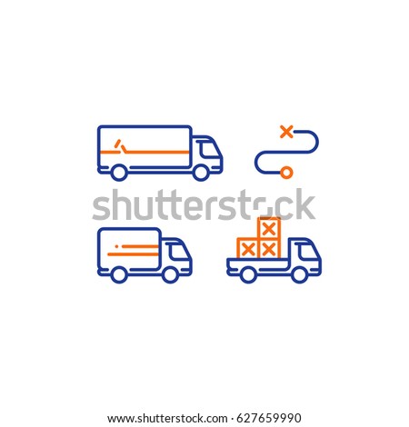 Delivery services, long and short truck, pick up truck with boxes, itinerary route, distance transportation, shipping and relocation, logistics company, rental truck, line vector icons, stroke