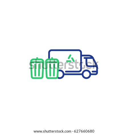 Garbage collector services, waste transportation truck, rubbish bins, dump vehicle, vector mono line icon