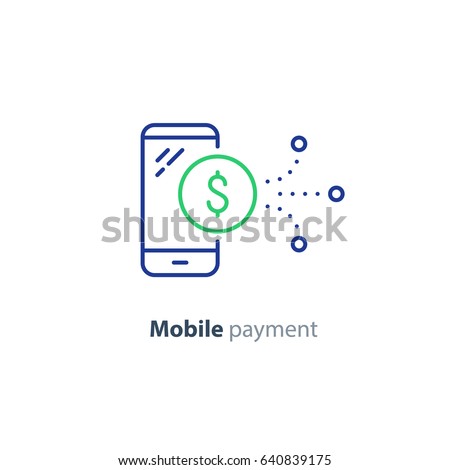 Mobile payment services, phone finances app, financial banking technology, vector line icon