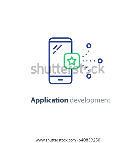 Smartphone app development, mobile communication technology, phone vector line icon, application solution