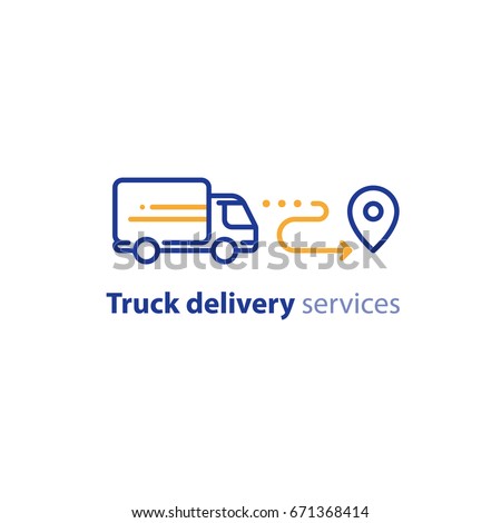 Truck delivery services, fast relocation, transportation company logo elements, shipping order, distribution line icon, rental truck, tracking parcel outline vector
