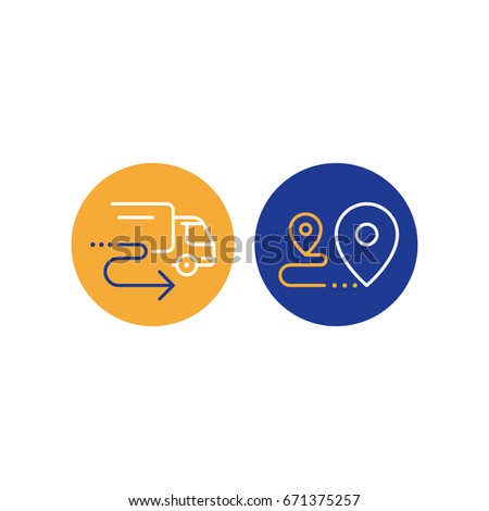 Truck delivery services, fast relocation, transportation company logo elements, shipping order, distribution line icon, tracking parcel outline vector